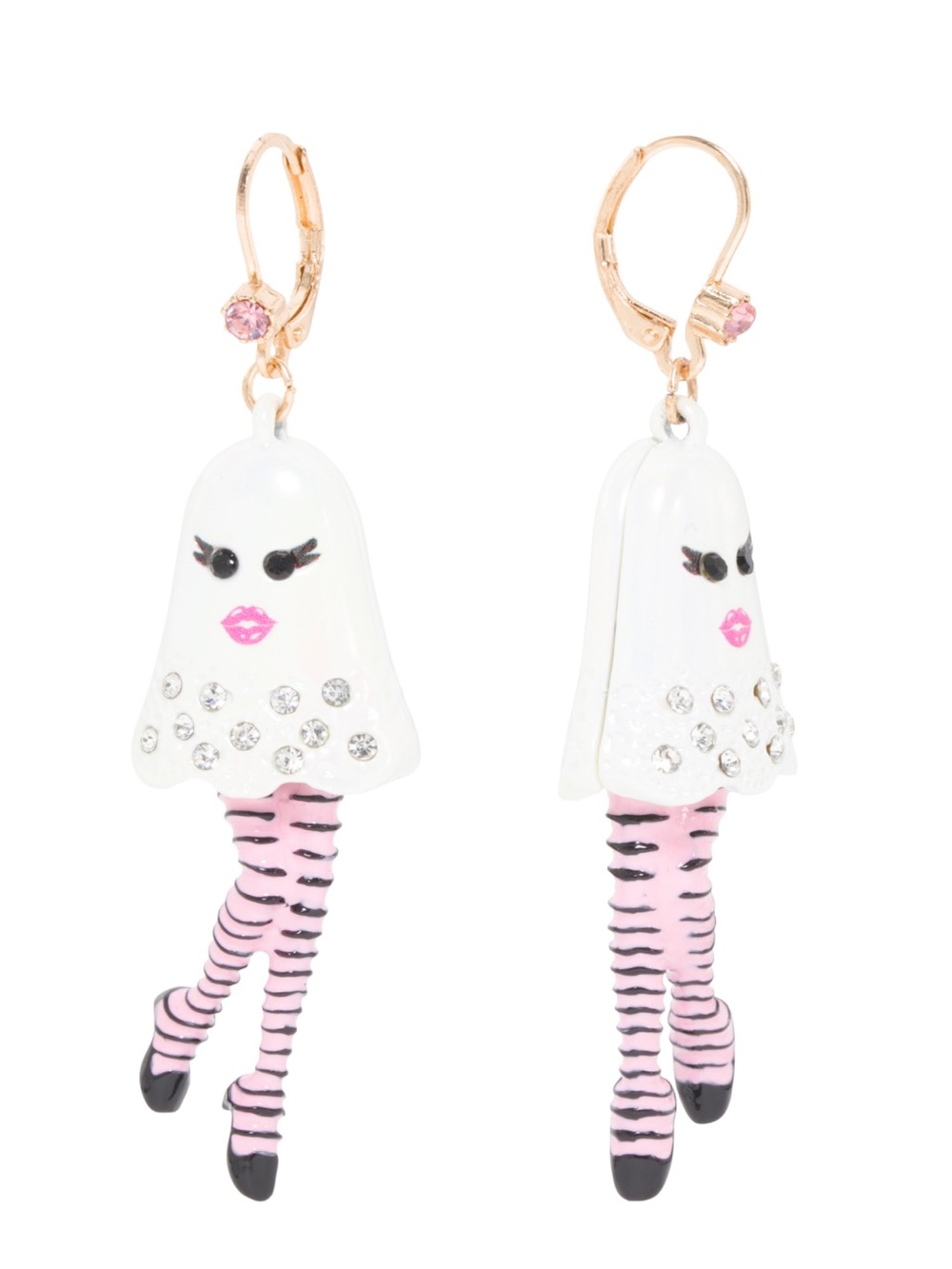 Betsey Johnson White Ghost Dangle Earrings with Pink Striped Legs